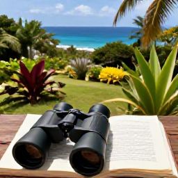 Caribbean Holidays, Grenada Birdwatching, Relaxed Grenada birdwatching holiday scene with binoculars, field guide, tropical garden and distant blue sea, realistic travel photography