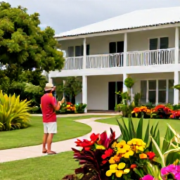 Caribbean Holidays, Grenada Birdwatching, Relaxed Grenadian hotel garden with a traveller watching small colourful birds among flowering plants