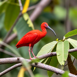 Caribbean Holidays, Grenada Birdwatching, Scarlet ibis, bananaquit and tropical foliage in Grand Etang National Park, Grenada, in soft November morning light
