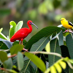 Caribbean Holidays, Grenada Birdwatching, Scarlet ibis, bananaquit and tropical forest birds perched among lush green foliage in Grenada, soft morning light