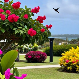 Caribbean Holidays, Grenada Birdwatching, Tropical garden in Grenada with flowering plants, hummingbirds and a distant Caribbean view