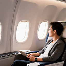 Caribbean Holidays, Grenada Business Class, A comfortable business class aircraft cabin with a traveller relaxing by the window, warm Caribbean light and elegant details
