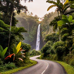 Caribbean Holidays, Grenada Business Class, A scenic Grenada hillside road leading through lush rainforest towards a waterfall, with tropical plants and soft afternoon light
