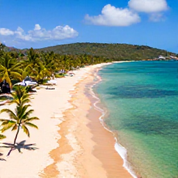 Caribbean Holidays, Grenada Business Class, Aerial view of Grand Anse Beach in Grenada with turquoise water, golden sand, palm trees and a distant green hillside