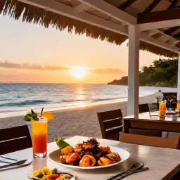 Caribbean Holidays, Grenada Business Class, An elegant Grenada beachfront restaurant at sunset with fresh local seafood, tropical drinks and a relaxed dining atmosphere