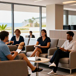Caribbean Holidays, Grenada Business Class, Business class passengers relaxing in a comfortable airport lounge before a flight to Grenada