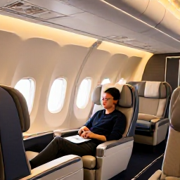 Caribbean Holidays, Grenada Business Class, Elegant business class aeroplane cabin with comfortable lie-flat seats, warm lighting and a traveller relaxing before a flight to Grenada