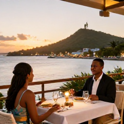 Caribbean Holidays, Grenada Business Class, Friendly couple enjoying a sunset dinner at a stylish waterfront restaurant in Grenada, with the harbour and tropical hills behind them