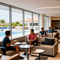 Caribbean Holidays, Grenada Business Class, Modern airport business lounge with comfortable seating, refreshments, large windows and travellers preparing for a Caribbean holiday