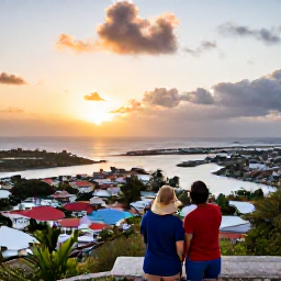 Caribbean Holidays, Grenada City Breaks, A couple enjoying sunset from a hilltop viewpoint above St George's, Grenada, with the harbour and Caribbean Sea below