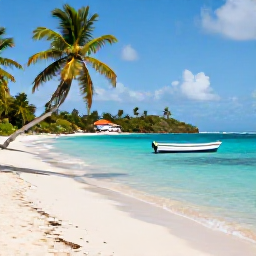 Caribbean Holidays, Grenada City Breaks, A quiet tropical beach near St George's, Grenada, with turquoise water, palm trees and a small boat offshore