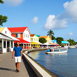 Caribbean Holidays, Grenada City Breaks, A traveller walking along the colourful Carenage waterfront in St George's, Grenada, with fishing boats, caf&eacute;s and historic buildings
