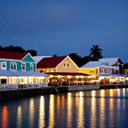 Caribbean Holidays, Grenada City Breaks, A welcoming evening scene in St George's with softly lit waterfront restaurants, colourful buildings and a calm harbour