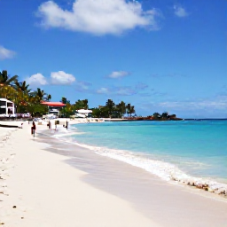 Caribbean Holidays, Grenada City Breaks, Clear turquoise sea and a sandy beach near St George's, Grenada, with palm trees and swimmers on a sunny March day