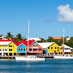 Caribbean Holidays, Grenada City Breaks, Colourful waterfront buildings and traditional sailing boats around St George's harbour in Grenada, bright April sunshine