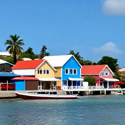 Caribbean Holidays, Grenada City Breaks, Colourful waterfront buildings and traditional wooden boats around St George's harbour in Grenada, bright tropical daylight