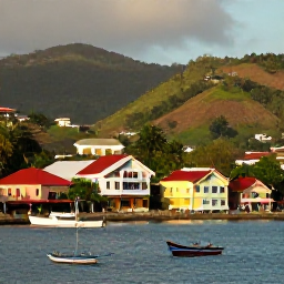 Caribbean Holidays, Grenada City Breaks, Colourful waterfront scene of St George's, Grenada, with pastel buildings, fishing boats and green hills in warm Caribbean light