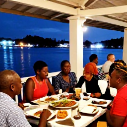 Caribbean Holidays, Grenada City Breaks, Evening waterfront restaurant in St George's, Grenada, with diners enjoying fresh seafood, local dishes and harbour lights