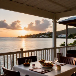 Caribbean Holidays, Grenada City Breaks, Friendly waterfront restaurant in St George's, Grenada, serving Caribbean food at sunset with harbour views