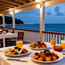 Caribbean Holidays, Grenada City Breaks, Grenadian restaurant terrace overlooking the sea, colourful local dishes and an inviting evening atmosphere in October