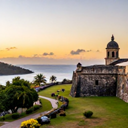 Caribbean Holidays, Grenada City Breaks, Historic Fort George overlooking St George's harbour at sunset, with tropical greenery and the sea beyond