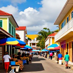 Caribbean Holidays, Grenada City Breaks, Historic market and narrow streets in St George's, Grenada, showing local produce, colourful buildings and pedestrians