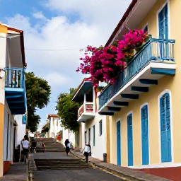 Caribbean Holidays, Grenada City Breaks, Historic St George's street with pastel buildings, stone steps, flowering balconies and local pedestrians in Grenada