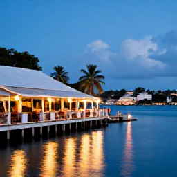 Caribbean Holidays, Grenada City Breaks, Relaxed evening scene at St George's harbour in Grenada with warm lights, restaurants and calm Caribbean water