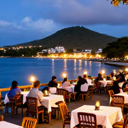 Caribbean Holidays, Grenada City Breaks, Relaxed evening scene at St George's waterfront with outdoor dining, harbour lights and tropical hills