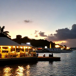 Caribbean Holidays, Grenada City Breaks, Sunset over St George's harbour in Grenada, warm evening light, waterfront restaurants and gently lit boats