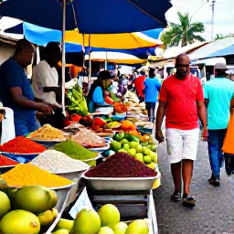 Caribbean Holidays, Grenada City Breaks, Visitors walking through St George's market with colourful spices, tropical fruit and local produce in Grenada