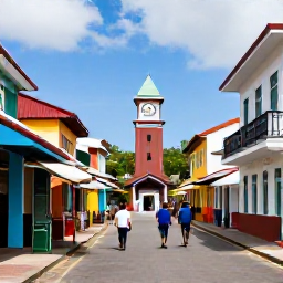 Caribbean Holidays, Grenada City Breaks, Visitors walking through the colourful streets of St George's, with historic buildings, local shops and the clock tower