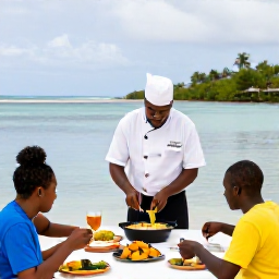 Caribbean Holidays, Grenada Cooking Holidays, A chef and holiday visitors preparing a traditional Grenadian meal beside a calm Caribbean beach