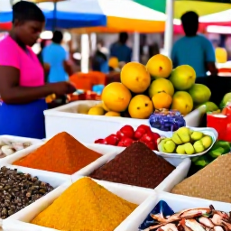 Caribbean Holidays, Grenada Cooking Holidays, A colourful Grenadian market in February with stalls of spices, tropical fruit, vegetables and fresh seafood