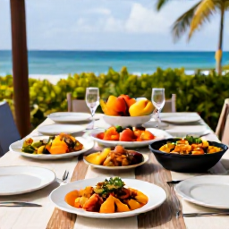 Caribbean Holidays, Grenada Cooking Holidays, A relaxed outdoor table in Grenada set for a cooking holiday meal, with colourful Caribbean dishes, tropical fruit and sea views