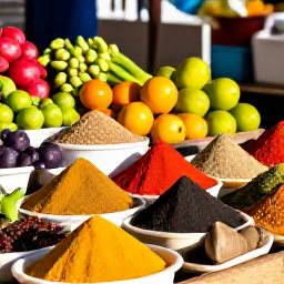 Caribbean Holidays, Grenada Cooking Holidays, Colourful Grenadian market stalls filled with fresh spices, tropical fruit, vegetables and local herbs in warm morning light