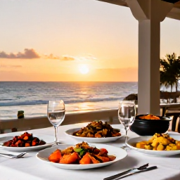 Caribbean Holidays, Grenada Cooking Holidays, Elegant Caribbean dinner table on a Grenadian terrace at sunset, featuring local dishes, spices and fresh seafood