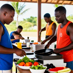 Caribbean Holidays, Grenada Cooking Holidays, Friendly Caribbean cooking class in an open-air kitchen, with visitors preparing fresh fish, herbs and colourful vegetables