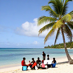 Caribbean Holidays, Grenada Cooking Holidays, Sunny Grenadian beach with calm turquoise water, palm trees and a small cooking holiday group relaxing after a lesson