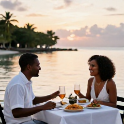 Caribbean Holidays, Grenada Couples Holiday, A couple enjoying a romantic dinner at a small waterfront restaurant in Grenada at sunset, with local dishes and warm evening light