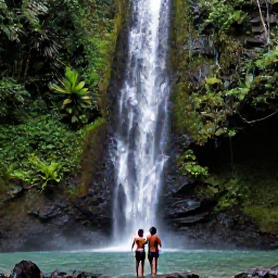 Caribbean Holidays, Grenada Couples Holiday, A couple visiting a lush rainforest waterfall in Grand Etang National Park, Grenada, with tropical plants and volcanic scenery