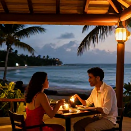 Caribbean Holidays, Grenada Couples Holidays, A couple dining outdoors at a relaxed Grenada restaurant with a sea view at evening, warm lantern light and tropical surroundings