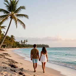 Caribbean Holidays, Grenada Couples Holidays, A couple walking hand in hand along Grand Anse Beach in Grenada at golden hour, calm turquoise sea and palm trees
