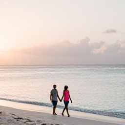 Caribbean Holidays, Grenada Couples Holidays, A couple walking hand in hand along Grand Anse Beach in Grenada at sunrise, calm turquoise sea and soft golden light