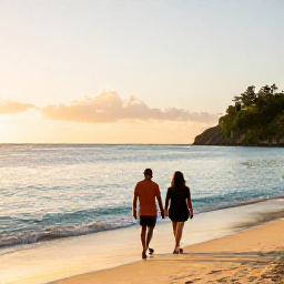 Caribbean Holidays, Grenada Couples Holidays, A couple walking hand in hand along Grand Anse Beach in Grenada at sunset, calm turquoise sea and golden light