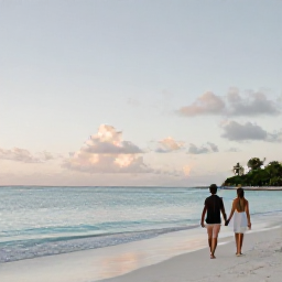 Caribbean Holidays, Grenada Couples Holidays, A couple walking hand in hand along Grand Anse Beach in Grenada at sunset, calm turquoise sea and soft evening light