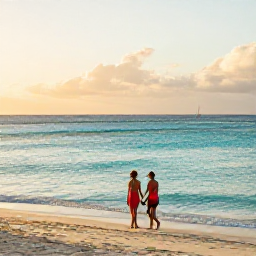 Caribbean Holidays, Grenada Couples Holidays, A couple walking hand in hand along Grand Anse Beach in Grenada at sunset, calm turquoise sea and soft golden light