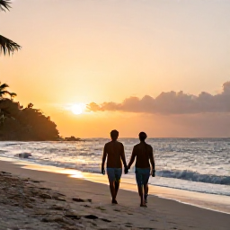 Caribbean Holidays, Grenada Couples Holidays, A couple walking hand in hand along Grand Anse Beach in Grenada at sunset, warm December light, relaxed Caribbean atmosphere