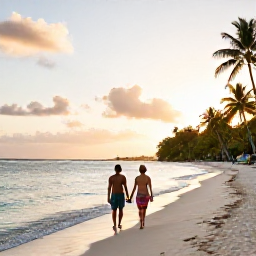 Caribbean Holidays, Grenada Couples Holidays, A couple walking hand in hand along Grand Anse Beach in Grenada at sunset, with calm turquoise water and palm trees