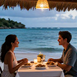Caribbean Holidays, Grenada Couples Holidays, A romantic dinner for two at a relaxed Grenada seaside restaurant, with candles, local food and the Caribbean sea beyond